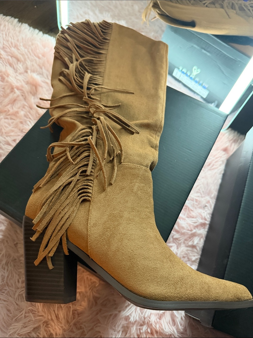 Madden Girl Tan Suede Fringe Mid-Calf Heeled Boot